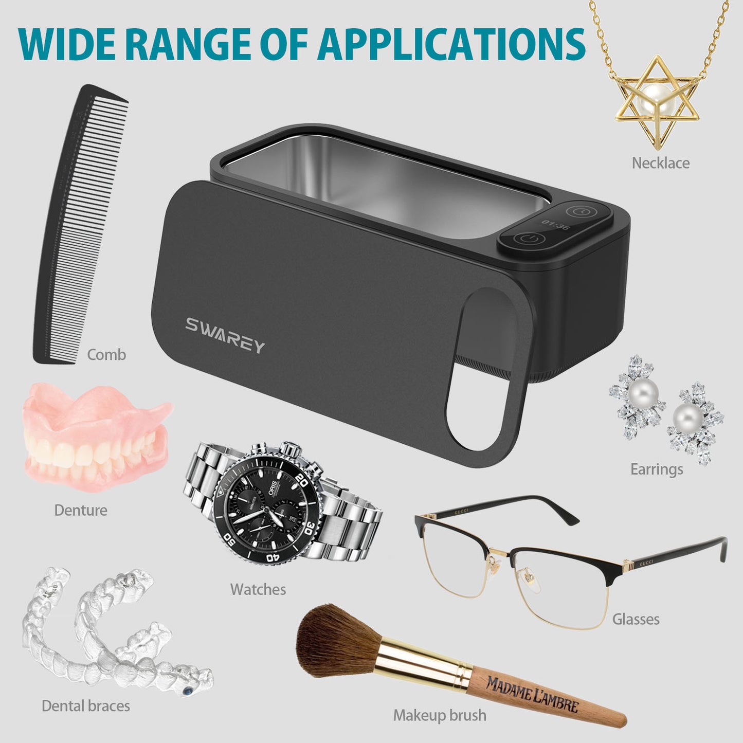 SWAREY 680ml Ultrasonic Cleaner 42000Hz Professional Ultrasonic Jewelry Cleaner with 5 Digital Timer for Jewelry Glasses Watches Coins Denture Low Noise Stainless Steel Ultrasonic Cleaning Machine