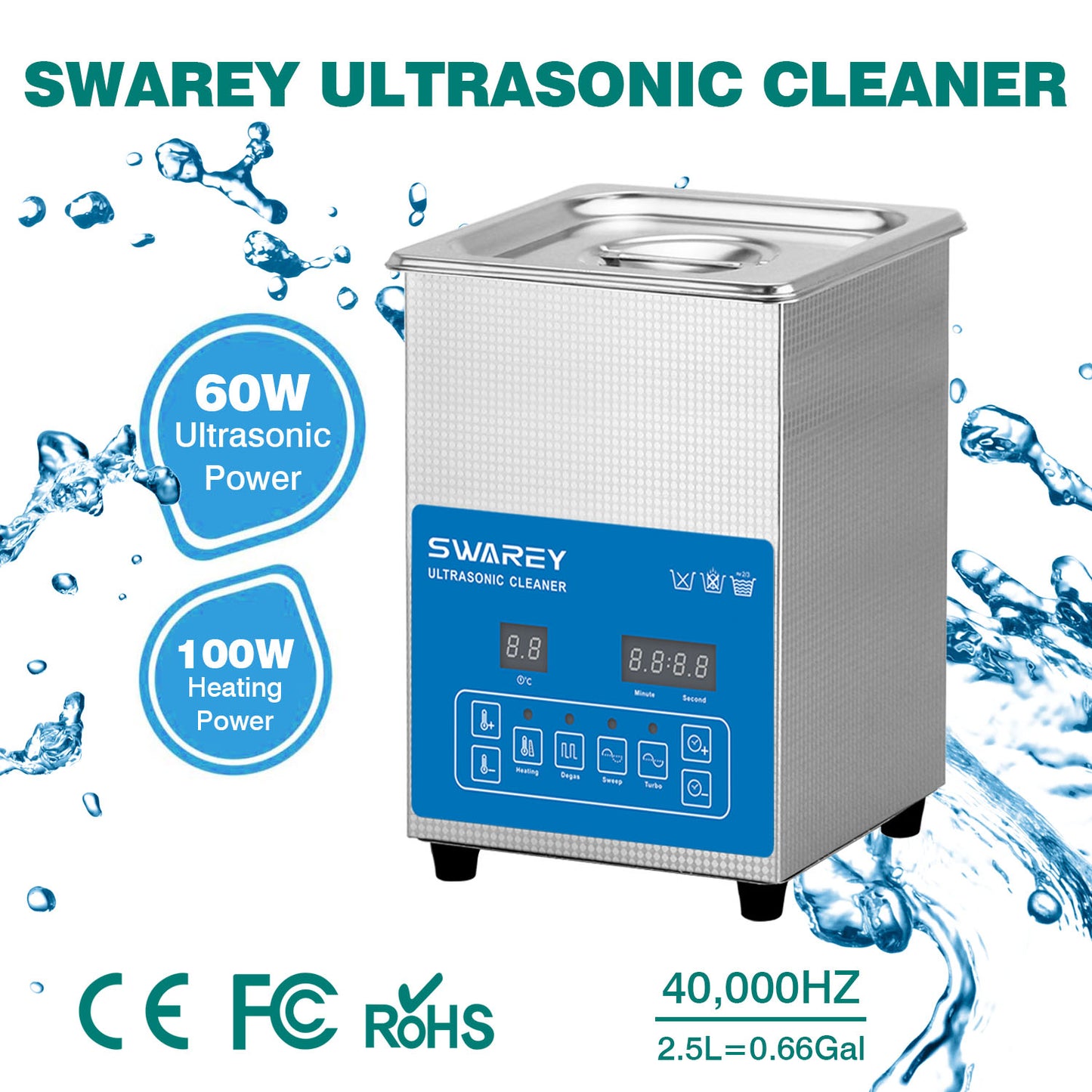 Swarey 2.5L Ultrasonic Cleaner Professional Ultrasound Clean Machine with Degas & Timer and Heater for Ring, Silver, Eyeglass, Watches, Jewelry, Coins, Industrial Accessory