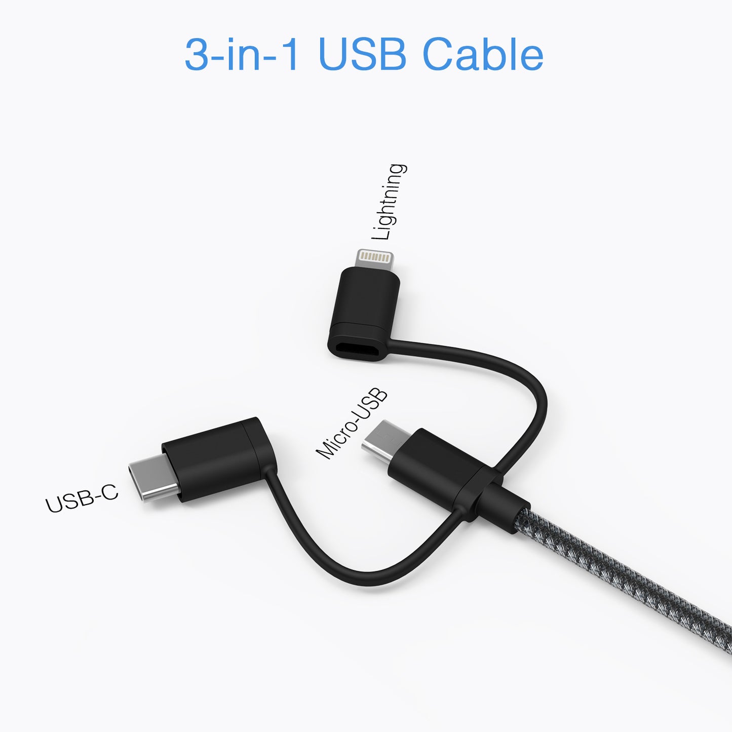 3-in-1 Charging & Sync Cable Durable Bulletproof Nylon Braided High Speed for Android iPhone Devices