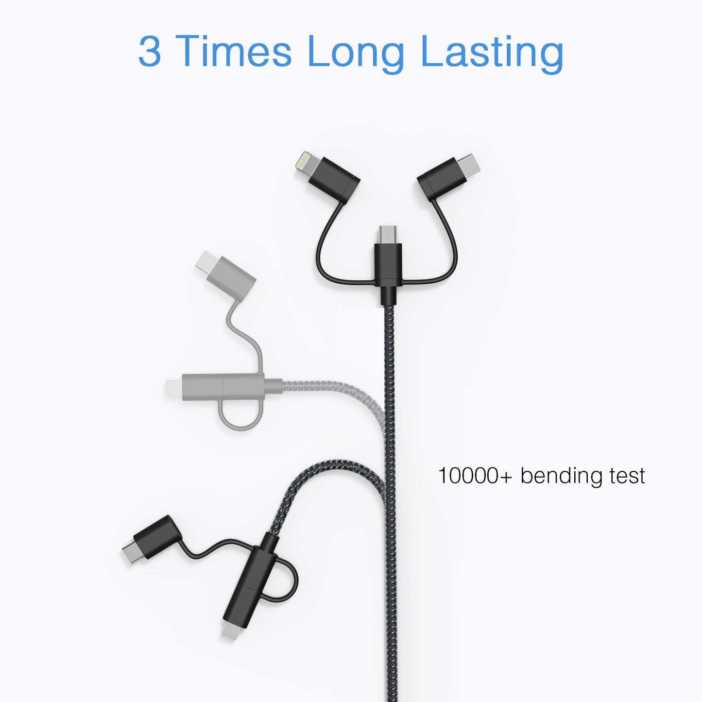 3-in-1 Charging & Sync Cable Durable Bulletproof Nylon Braided High Speed for Android iPhone Devices