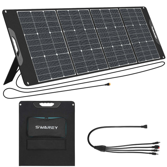 SWAREY 200W Foldable Solar Panel, ETFE Monocrystalline Solar Charger with 18V DC Output, Type-C PD 18W, QC 3.0, Portable Solar Panel Kit for Power Station, Camping, Motorhome, Caravan, Roof